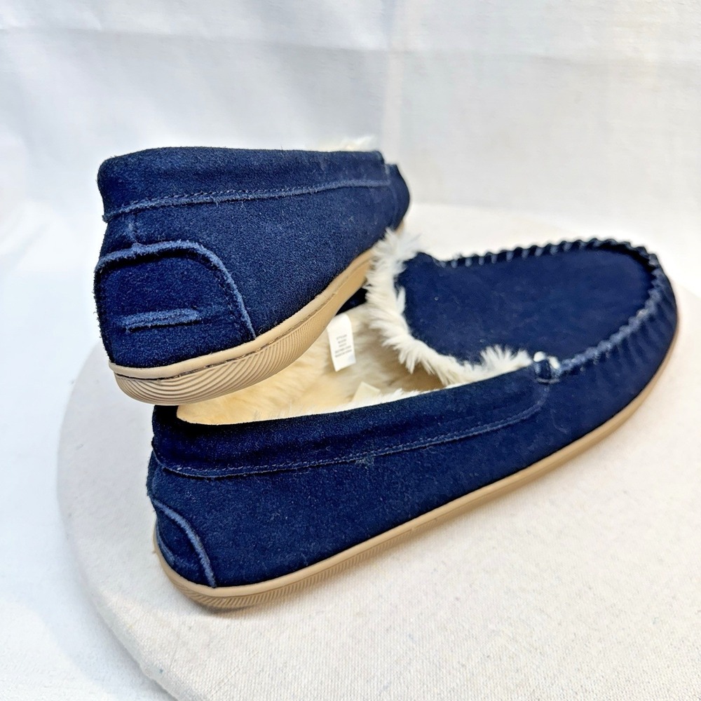 J.Crew Moccasin Slippers Men 10 Navy Blue Suede Faux Fur Lined BL639 Preppy Cozy - Picture 2 of 8